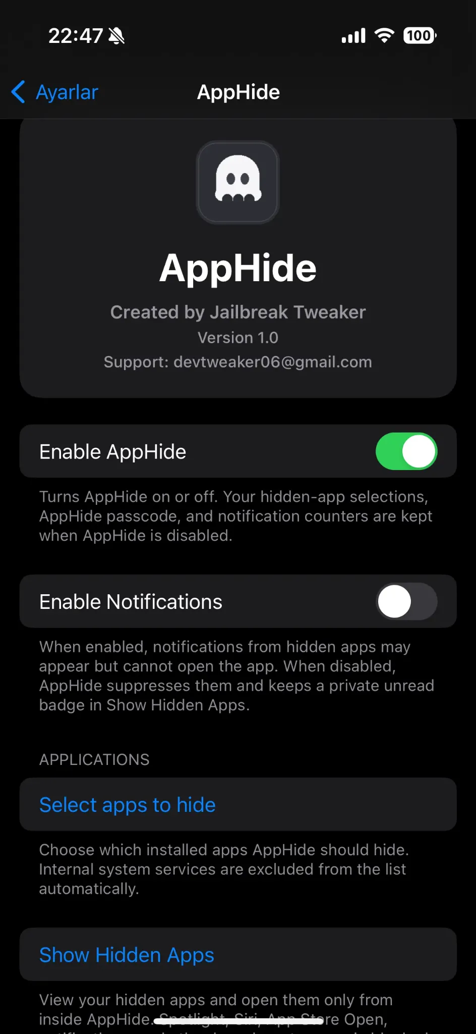 AppHide settings screen