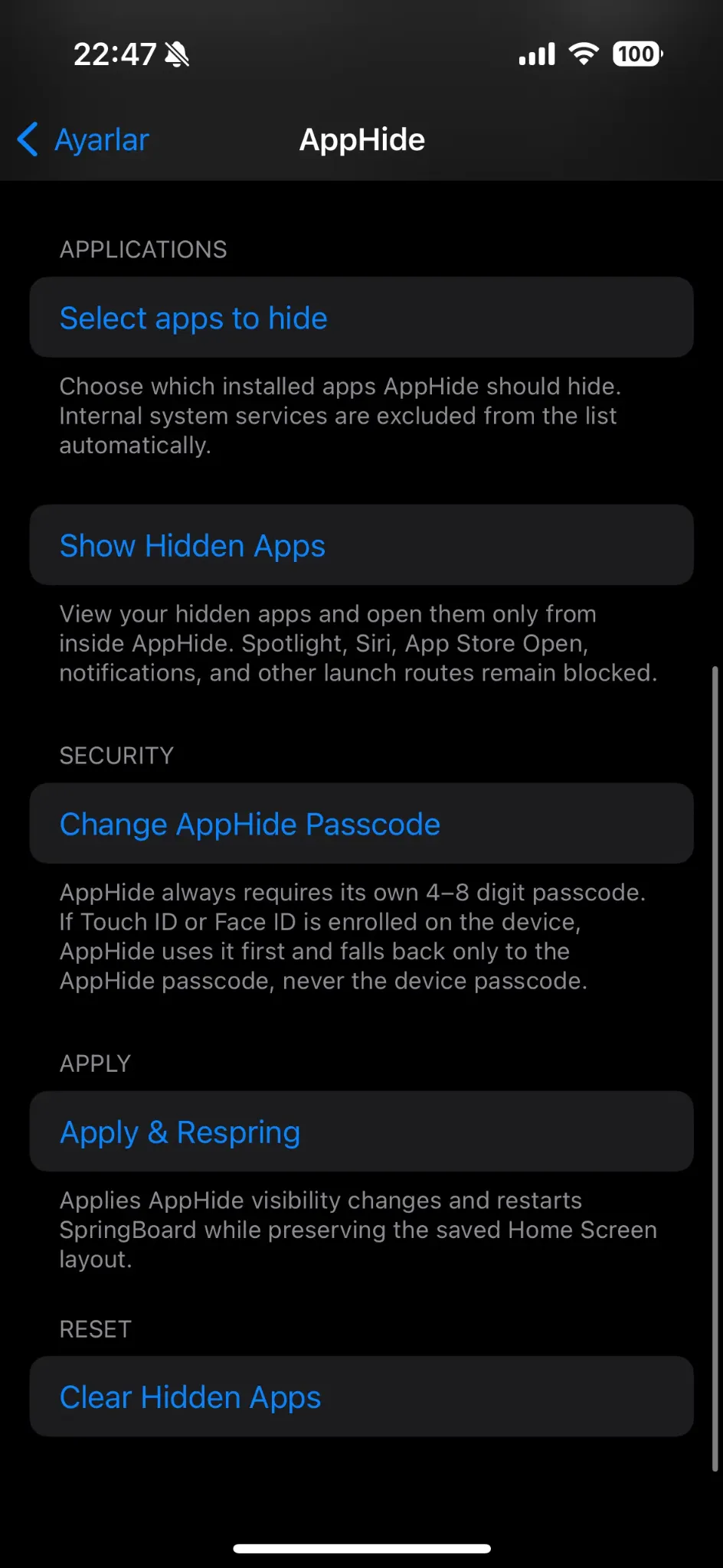 AppHide settings options