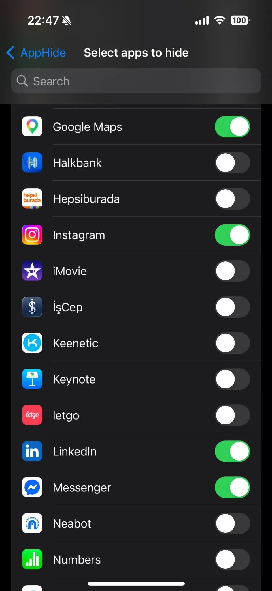 AppHide app selection screen